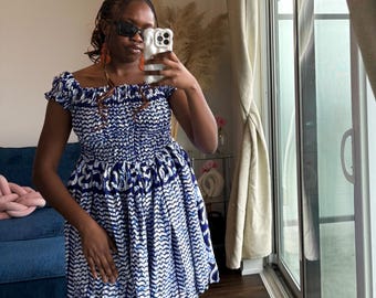 Blue Ankara smoky Dress: Short African Print Kaftan - S/M