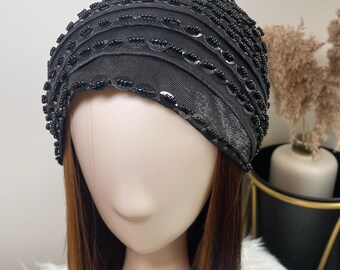 Black Beaded Sequin Turban: Luxury Pre-styled African Head  display picture 2