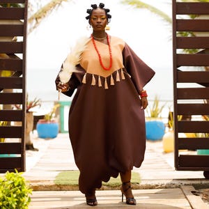 Brown Mikado Bubu Dress: African Asooke Kaftan with Tassels