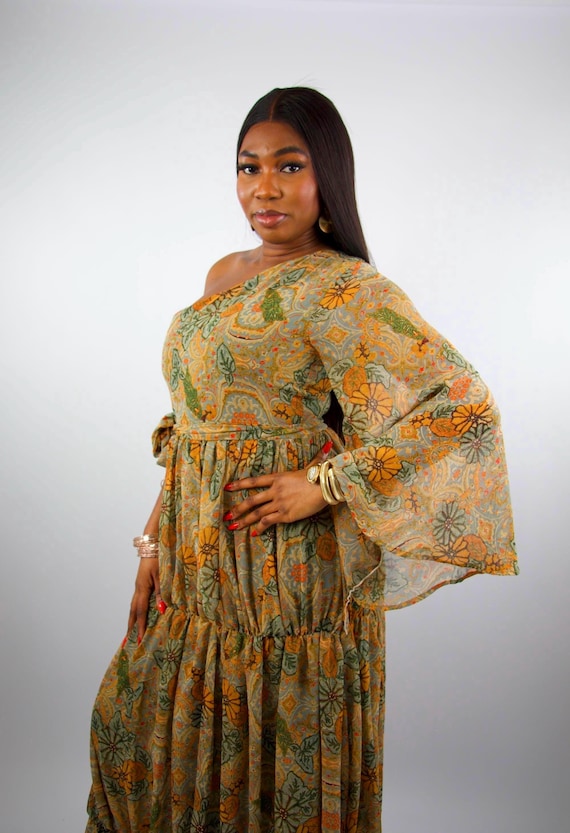 Floral Chiffon Maxi Dress: One-Shoulder Tiered or layered African Print dress
