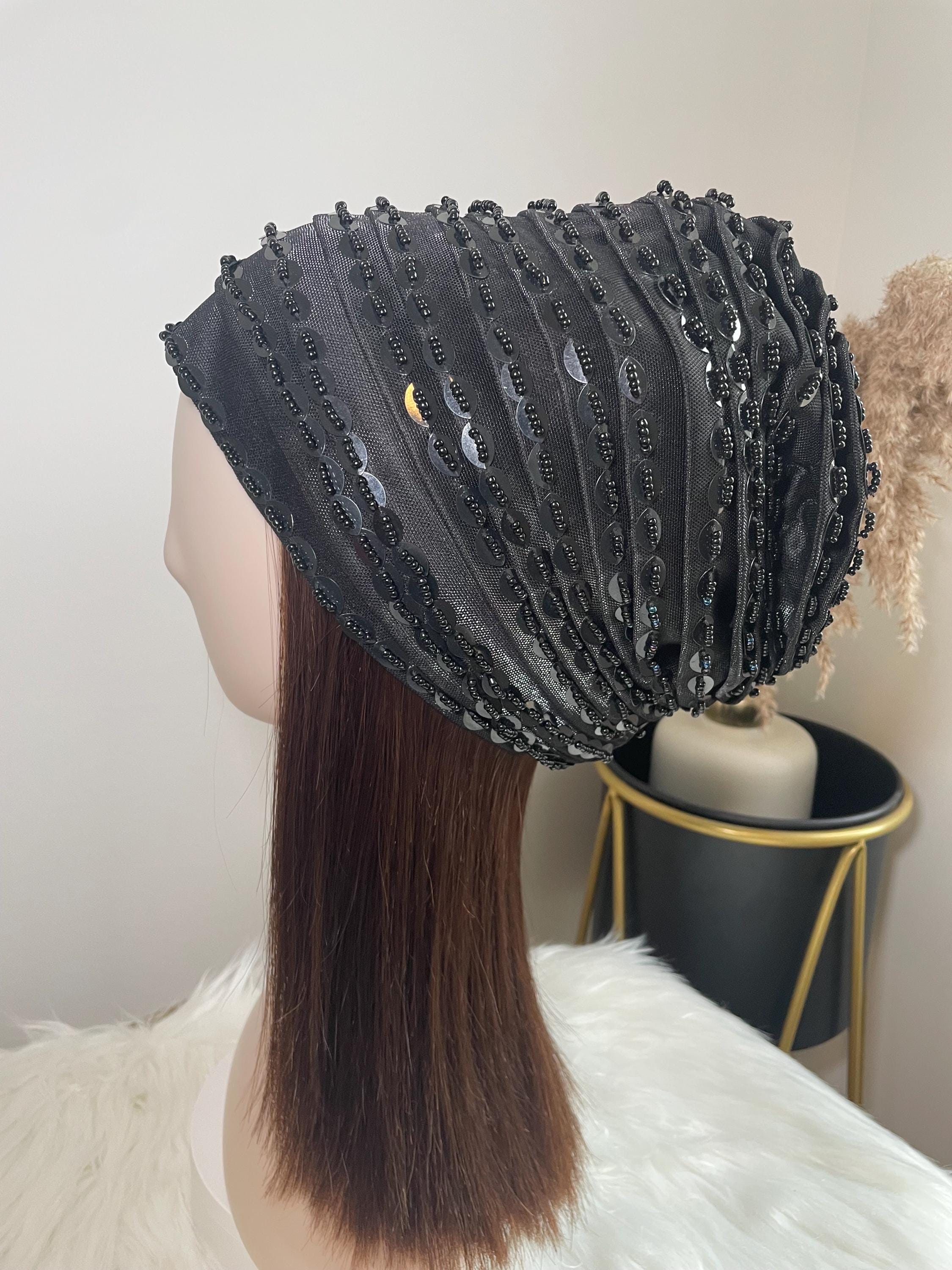 Black Beaded Sequin Turban: Luxury Pre-styled African Head  display picture 1