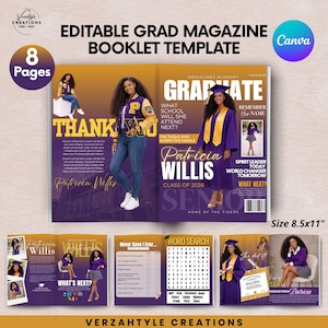 Bewerkbare sjabloon brochure tijdschrift Grad, paars goud Canva ontwerp digitale download