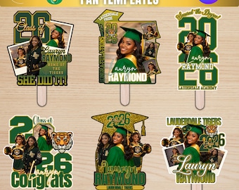 6 Editable Graduation Fan Templates, Class of 2026, Canva Designs Digital Download, Green, Gold