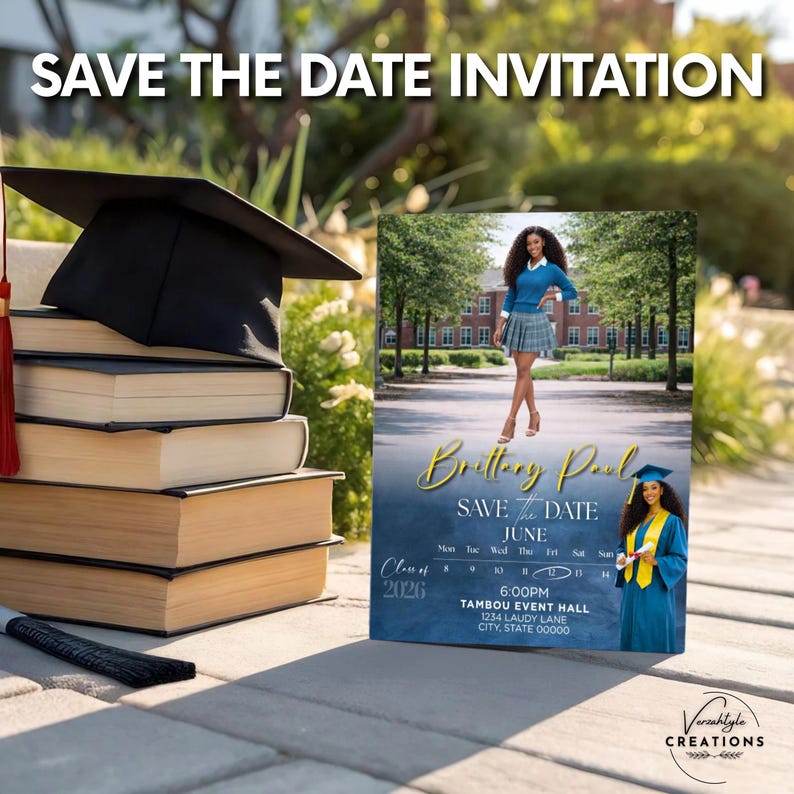 May include: A graduation announcement with the text "SAVE THE DATE INVITATION." The announcement features a photo of a graduate and includes details such as the name "Brittany Paul," the date, time, and location of the event. A graduation cap and books are also in the image.