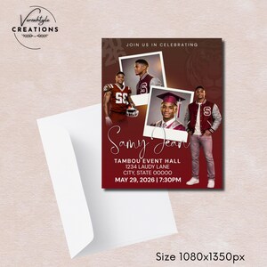 May include: A graduation announcement with a maroon background, featuring photos of a graduate in a cap and gown and a letterman jacket. The announcement includes the name "Samy Jean", event details, and the text "Join us in celebrating."