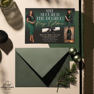 May include: A graduation announcement with a green and gold color scheme. The announcement features the text "SHE SECURED THE DEGREE!" and "Kenya Goldman". The invitation includes a photo of the graduate and event details.