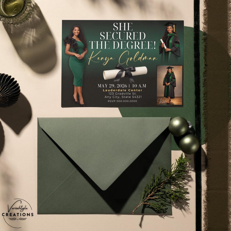 May include: A graduation announcement with a green and gold color scheme. The announcement features the text "SHE SECURED THE DEGREE!" and "Kenya Goldman". The invitation includes a photo of the graduate and event details.