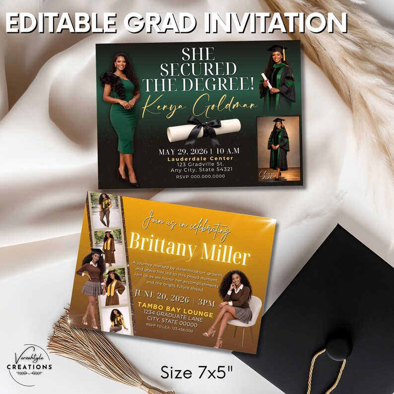 May include: Two graduation announcement cards with photos and text. The top card says "SHE SECURED THE DEGREE!" and "Kenya Goldman." The bottom card says "Join us in celebrating Brittany Miller." The cards are 7x5 inches.