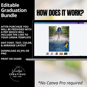 May include: A laptop screen displays a graduation announcement template. The design features a photo of a graduate, gold script, and the text "Save the Date." The text "Editable Graduation Bundle" is also visible.
