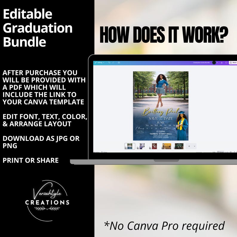May include: A laptop screen displays a graduation announcement template. The design features a photo of a graduate, gold script, and the text "Save the Date." The text "Editable Graduation Bundle" is also visible.