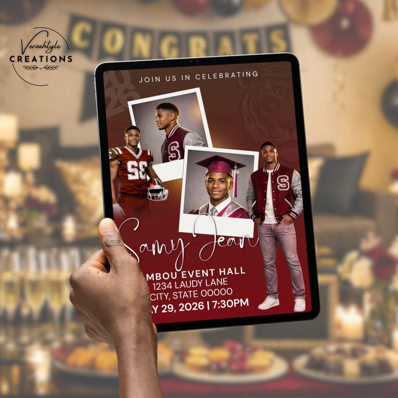 May include: A digital graduation announcement held in a hand. The announcement features photos of a graduate in a maroon and white letterman jacket and a football uniform. The text reads "Congrats" and "Join us in celebrating". The event is scheduled for May 29, 2026.