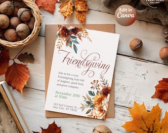 Redigerbar Friendsgiving-inbjudan, Canva-mall, 5x7 digital nedladdning