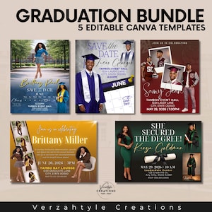 May include: A graduation bundle featuring five editable Canva templates. The templates include designs with photos, text, and event details. The designs feature graduates in caps and gowns, with event information such as dates, times, and locations.
