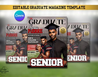 Ontwerpsjabloon afstuderen tijdschrift, bewerkbare tijdschriftomslag, klasse van 2025 Grad Season, voetbaltijdschrift, Canva grad-sjabloon, sport