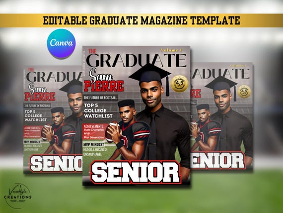 Graduation Magazine Cover Template: Football Grad Gift (Canva Editable, Digital Download)