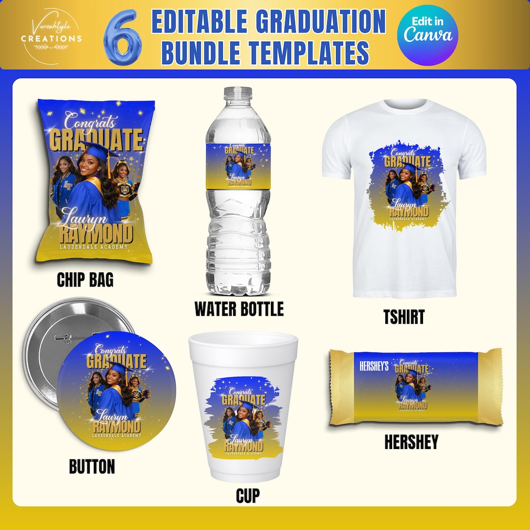 6 Editable Graduation Bundle Templates, Canva Digital Download, Blue ...