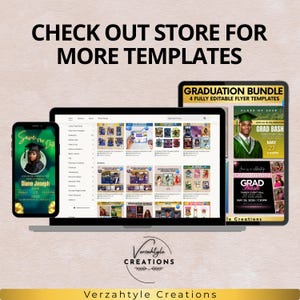May include: A laptop, tablet, and smartphone display digital templates. The laptop screen shows various template options. The smartphone displays a graduation announcement. The tablet shows a graduation flyer. Text reads "CHECK OUT STORE FOR MORE TEMPLATES."