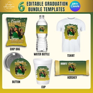 May include: A graduation bundle template featuring a chip bag, water bottle, t-shirt, button, cup, and Hershey bar. Each item has a green and gold design with the text "Congrats Graduate" and a photo of a graduate. The text "Edit in Canva" is also present.