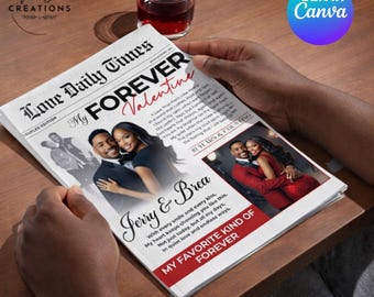 Valentine's Newspaper Templates, Canva editable printable, Valentine's Day gift for couples