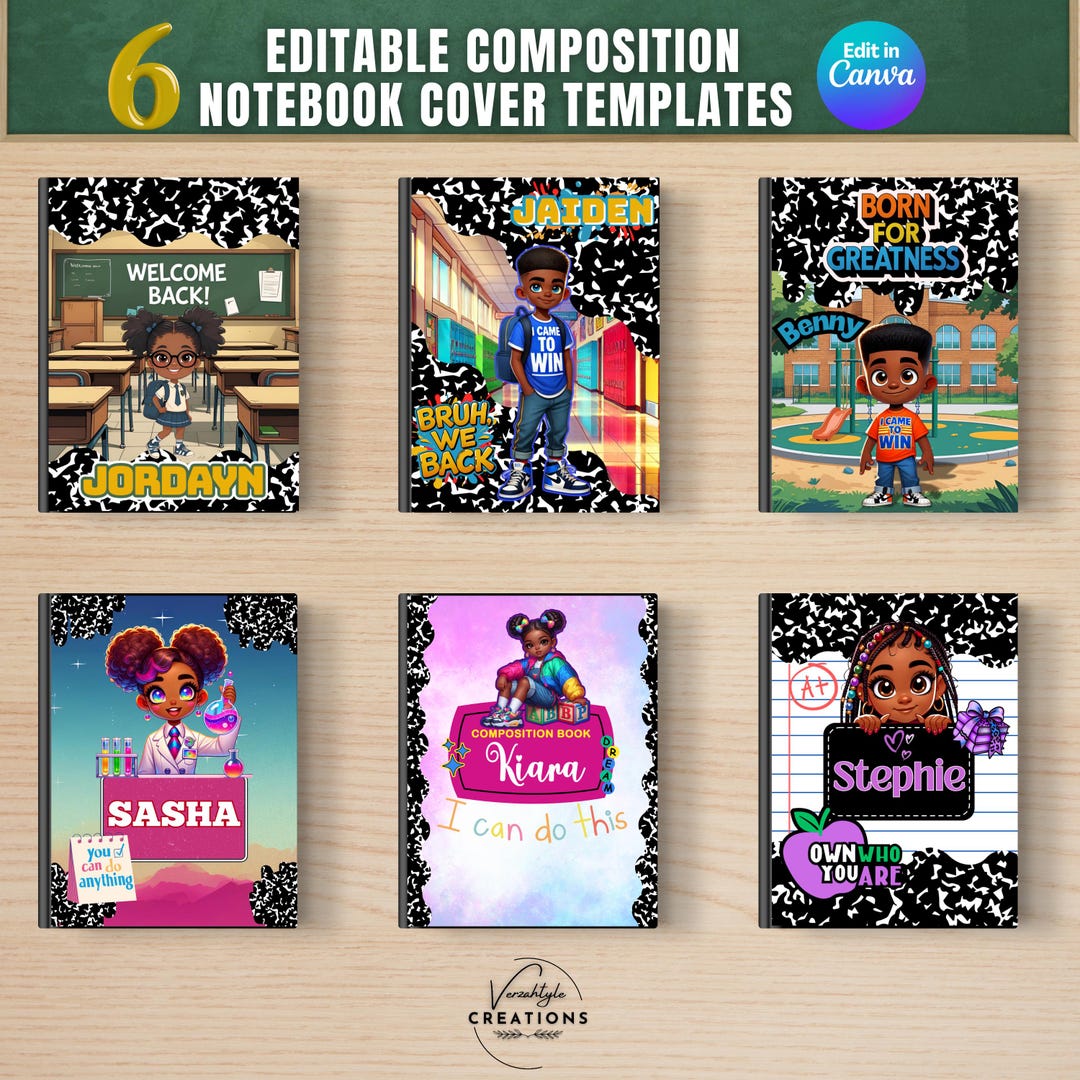 6 Editable Composition Notebook Cover Template: Back to School, Canva ...