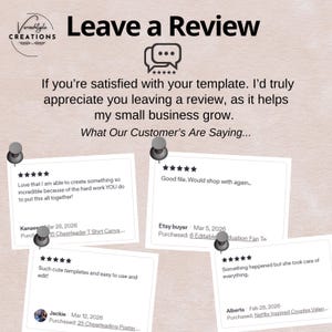 May include: A graphic with the text "Leave a Review" and customer testimonials. The testimonials are on pinned notes, each with a 5-star rating and a short review. The image encourages customers to leave reviews.