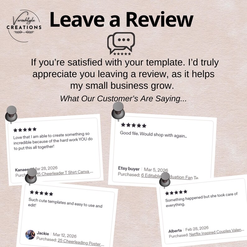 May include: A graphic with the text "Leave a Review" and customer testimonials. The testimonials are on pinned notes, each with a 5-star rating and a short review. The image encourages customers to leave reviews.