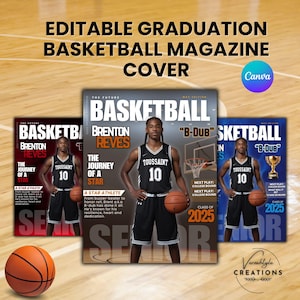 May include: A basketball magazine cover template featuring a basketball player in a black jersey with the name "BRENTON REVES" and the number "10" on the back. The magazine cover is titled "BASKETBALL" and has the text "THE JOURNEY OF A STAR" and "A STAR ATHLETE" on it. The magazine cover also has the text "CLASS OF 2025" and "NEXT PLAY: COLLEGE BOUND".