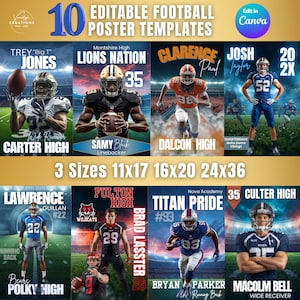 Puede incluir: Una colección de diez plantillas editables de carteles de fútbol. Cada plantilla presenta a un jugador de fútbol en acción, con nombres de equipos, nombres de jugadores y números. Las plantillas están disponibles en tres tamaños: 27,94 x 43,18 cm, 40,64 x 50,8 cm y 60,96 x 91,44 cm.