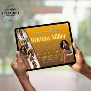 May include: A digital invitation for Brittany Miller's graduation celebration. The design features a gold and brown color scheme with photos of Brittany. The text includes the date, time, and location of the event.