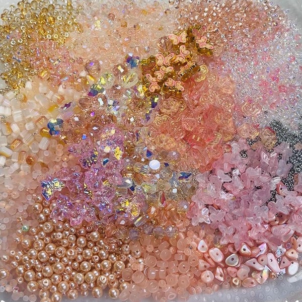 Dreamy Romantic Orange x Pink Bead Soup Mix: Glass Beads for DIY Jewelry Making, Charm, Handmade Gift