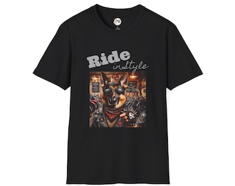 German Shepherd Ride in Style Unisex Softstyle T-Shirt - Perfect for Motorcycle Lovers, Gift for Bikers, Casual Wear, Motorcycle Events