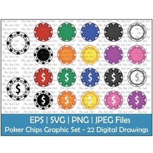 Ensemble de clipart vectoriel jetons de poker vierges / contours, tampons et illustrations graphiques couleur / jeux de cartes / Svg, Png, Eps, Jpg