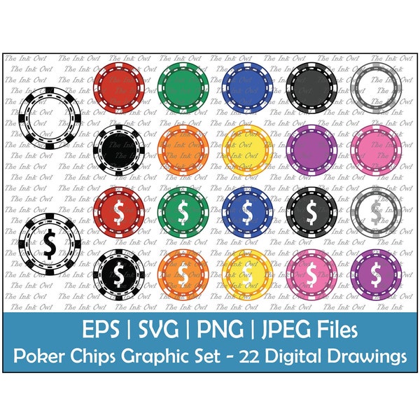 Blank Poker Chips Vector Clipart Set / Outline, Stamp & Color Graphic Illustrations / Card Games / Svg, Png, Eps, Jpg