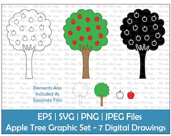 Apple Tree Vector Clipart / Outline & Stamp Drawing Illustrations / Food / PNG, JPG, SVG, Eps