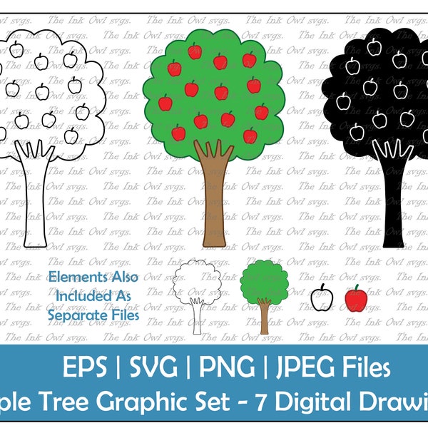 Apple Tree Vector Clipart / Outline & Stamp Drawing Illustrations / Food / PNG, JPG, SVG, Eps