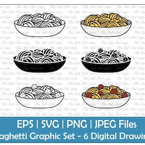 Conjunto de clipart vetorial de macarrão com espaguete e almôndega / contorno, carimbo e desenhos coloridos / comida italiana / PNG, JPG, SVG, Eps