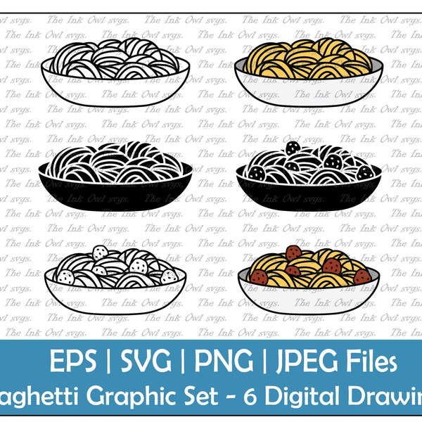 Spaghetti and Meatball Pasta Vector Clipart Set / Outline, Stamp and Colored Drawings / Italian Food / PNG, JPG, SVG, Eps