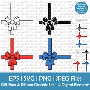 Clipart vectoriels de ruban noeud cadeau / contours, silhouettes et graphiques en couleur / anniversaire / Noël / cadre rectangle carré / Png, Jpg, Eps, Svg