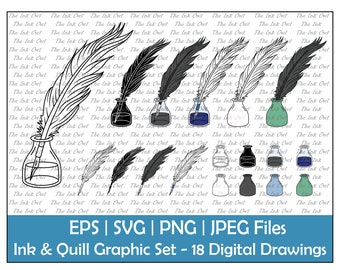 Ink Bottle and Feather Quill Pen Vector Clipart Set / Outline, Silhouette & Color Graphics / Writers and Poets / Svg, Png, Eps, Jpg