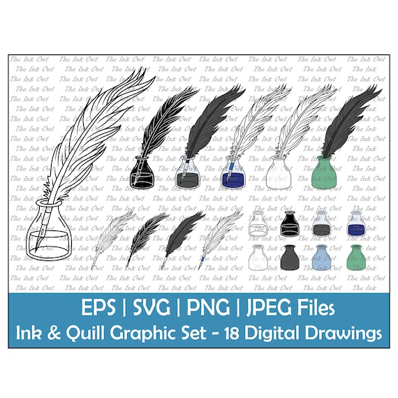 Ink Bottle and Feather Quill Pen Vector Clipart Set Outline, Silhouette  Color Graphics Writers and Poets Svg, Png, Eps, Jpg