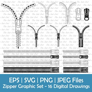 May include: A set of 16 black and white digital drawings of zippers in various styles and positions. The drawings include open and closed zippers, zipper pulls, and zipper teeth.