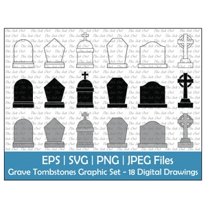 Lege graf of grafsteen Memorial Vector Clipart Set / overzicht, silhouet & kleur afbeelding / met kruis / Halloween / Svg, Png, Eps, Jpg