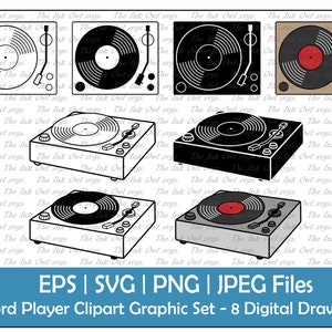 Conjunto de clipart vetorial de toca-discos de vinil / Ilustrações de desenho de contorno e carimbo / Música vintage 2D e 3D / PNG, JPG, SVG, Eps