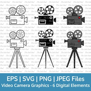 Video or Film Camera Svg Vector Clipart / Outline, Stamp Silhouette & Color Drawing Illustrations / Vintage Reel Movie / Png, Jpg, Svg, Eps