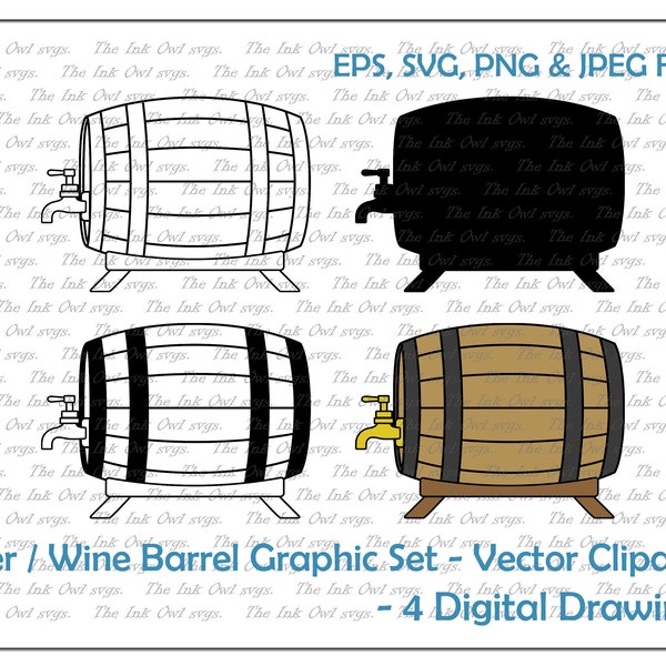 Wine or Beer Barrel Vector Clipart Set / Outline & Stamp Drawing Graphic / PNG, JPG, SVG, Eps