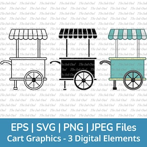 マーケットカートベクタークリップアートセット / アウトラインとスタンプ描画グラフィック / アイスクリームフードカート / PNG、JPG、SVG、Eps