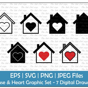 Cuore e casa o casa Clipart Set / Contorno, Timbro Silhouette e Grafica disegno a colori / San Valentino / Sublimazione / PNG, JPG, SVG, Eps