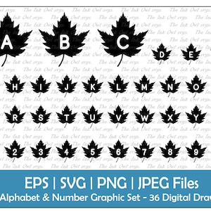 AhornBlatt Alphabet Buchstaben & Zahlen Vektor Clipart Set / Silhouette Text Grafik / ABC 123 Banner / Thanksgiving / PNG, JPG, svg, Eps
