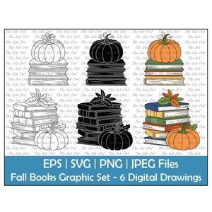 May include: Six digital illustrations of fall-themed book stacks with pumpkins. The stacks are in various styles, including black and white, color, and with fall leaves.