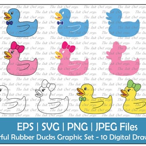 Imágenes prediseñadas vectoriales de pato de goma / Contorno, sello de silueta y dibujo a color gráfico / Revelación de género en azul, rosa y amarillo / PNG, JPG, SVG, Eps